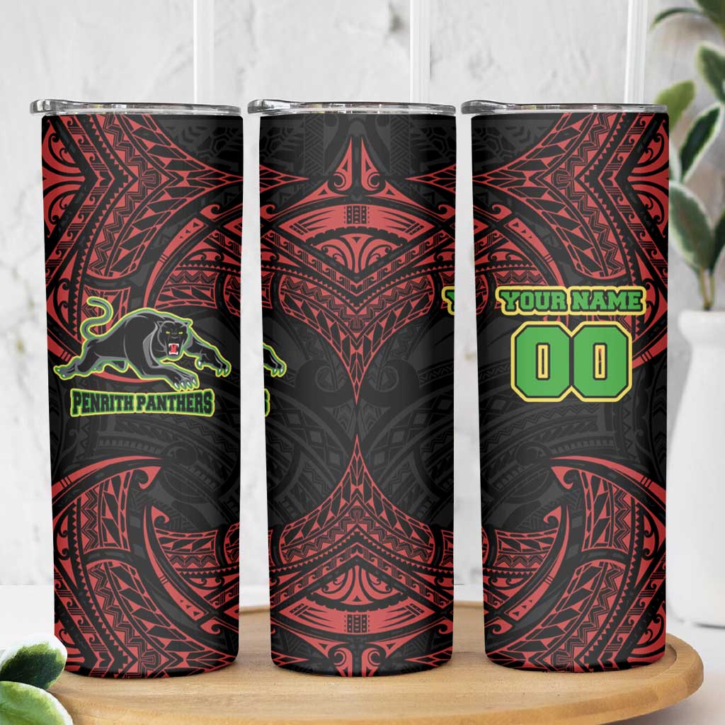 Personalized Penrith Panthers Skinny Tumbler Polynesian Tribal Pattern Style
