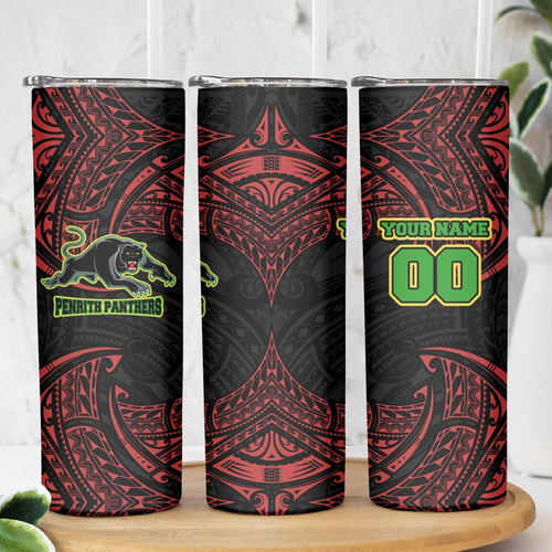 Personalized Penrith Panthers Skinny Tumbler Polynesian Tribal Pattern Style