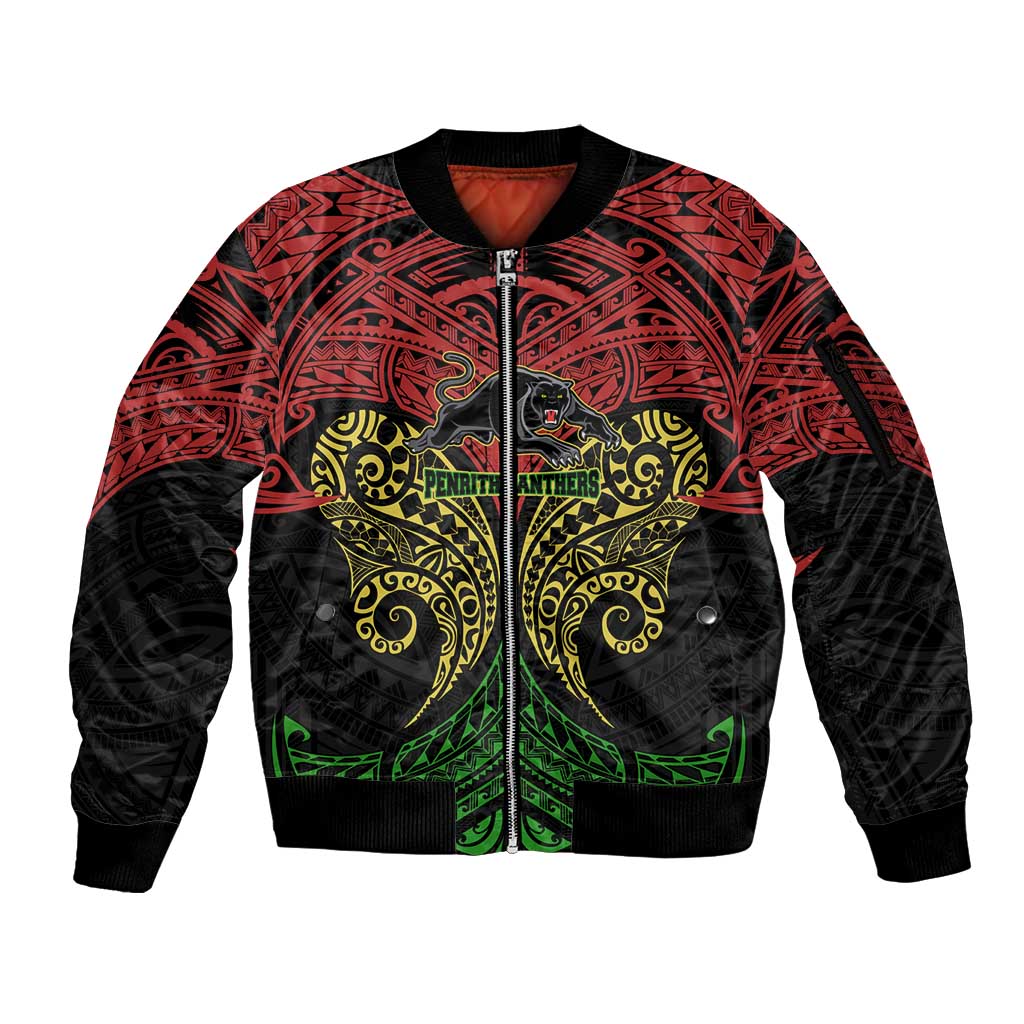 Personalized Penrith Panthers Sleeve Zip Bomber Jacket Polynesian Tribal Pattern Style