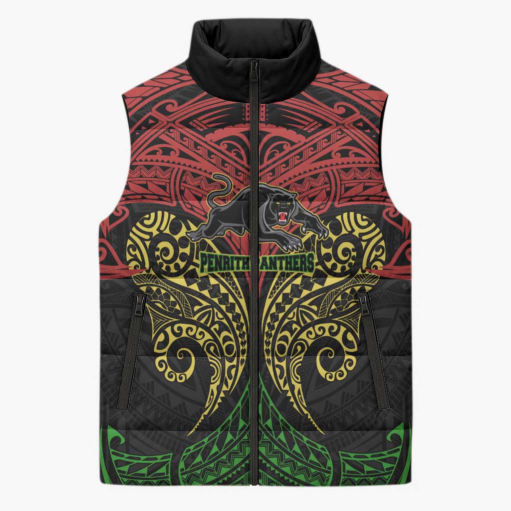 Personalized Penrith Panthers Sleeveless Puffer Jacket Polynesian Tribal Pattern Style