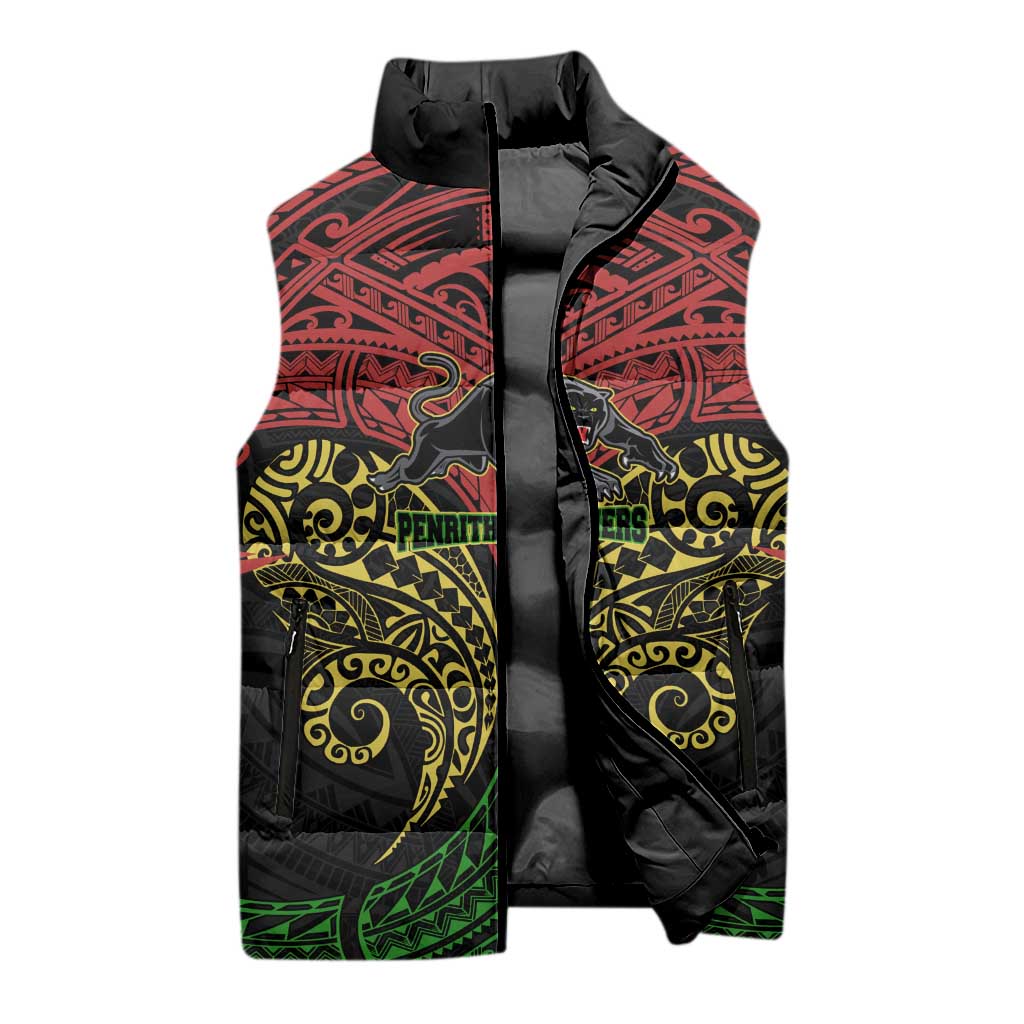 Personalized Penrith Panthers Sleeveless Puffer Jacket Polynesian Tribal Pattern Style