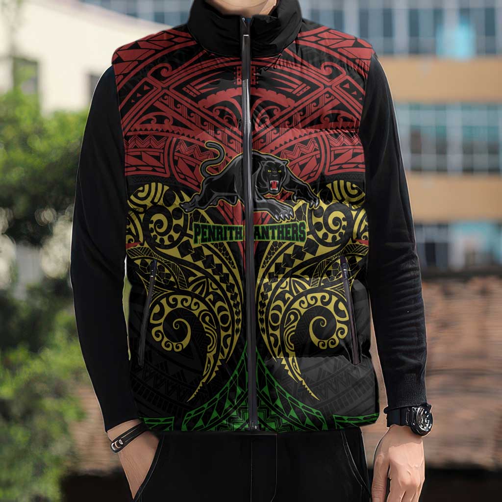 Personalized Penrith Panthers Sleeveless Puffer Jacket Polynesian Tribal Pattern Style