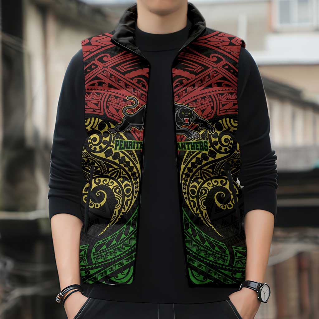 Personalized Penrith Panthers Sleeveless Puffer Jacket Polynesian Tribal Pattern Style