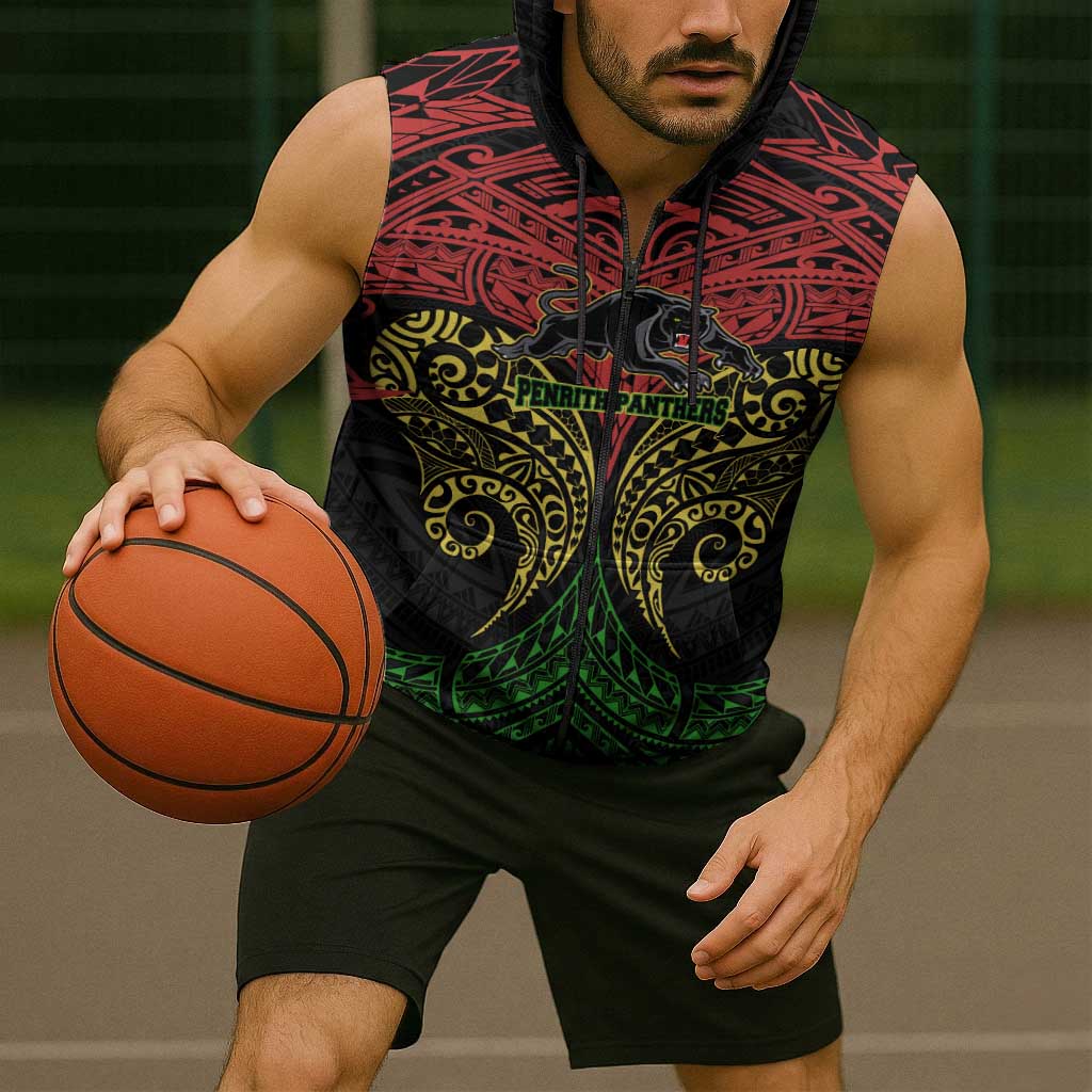 Personalized Penrith Panthers Sleeveless Zip Hoodie Polynesian Tribal Pattern Style