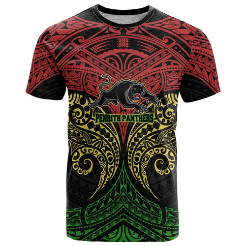 Personalized Penrith Panthers T Shirt Polynesian Tribal Pattern Style