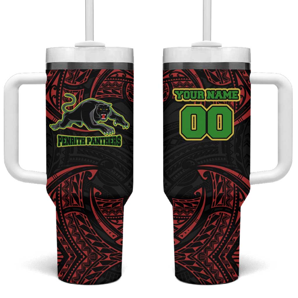 Personalized Penrith Panthers Tumbler With Handle Polynesian Tribal Pattern Style