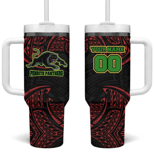 Personalized Penrith Panthers Tumbler With Handle Polynesian Tribal Pattern Style