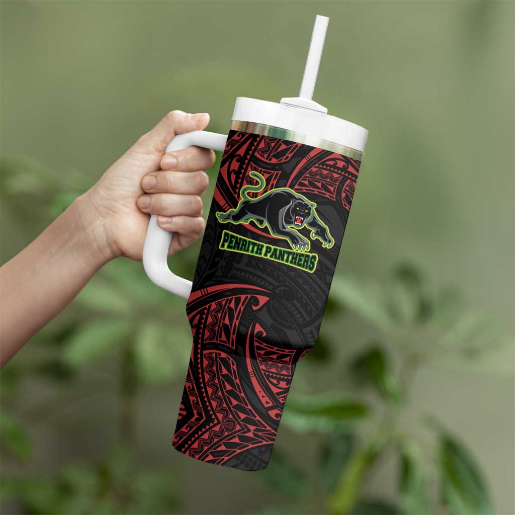 Personalized Penrith Panthers Tumbler With Handle Polynesian Tribal Pattern Style
