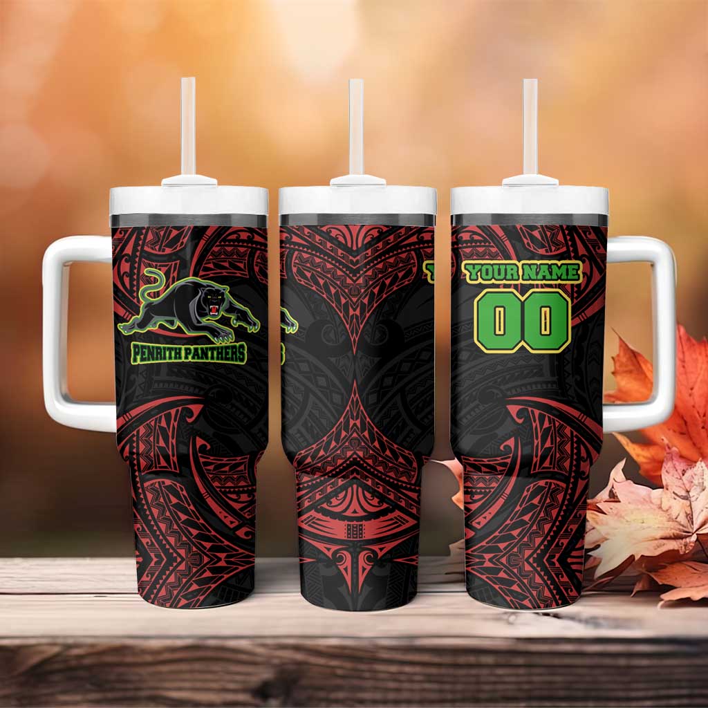 Personalized Penrith Panthers Tumbler With Handle Polynesian Tribal Pattern Style