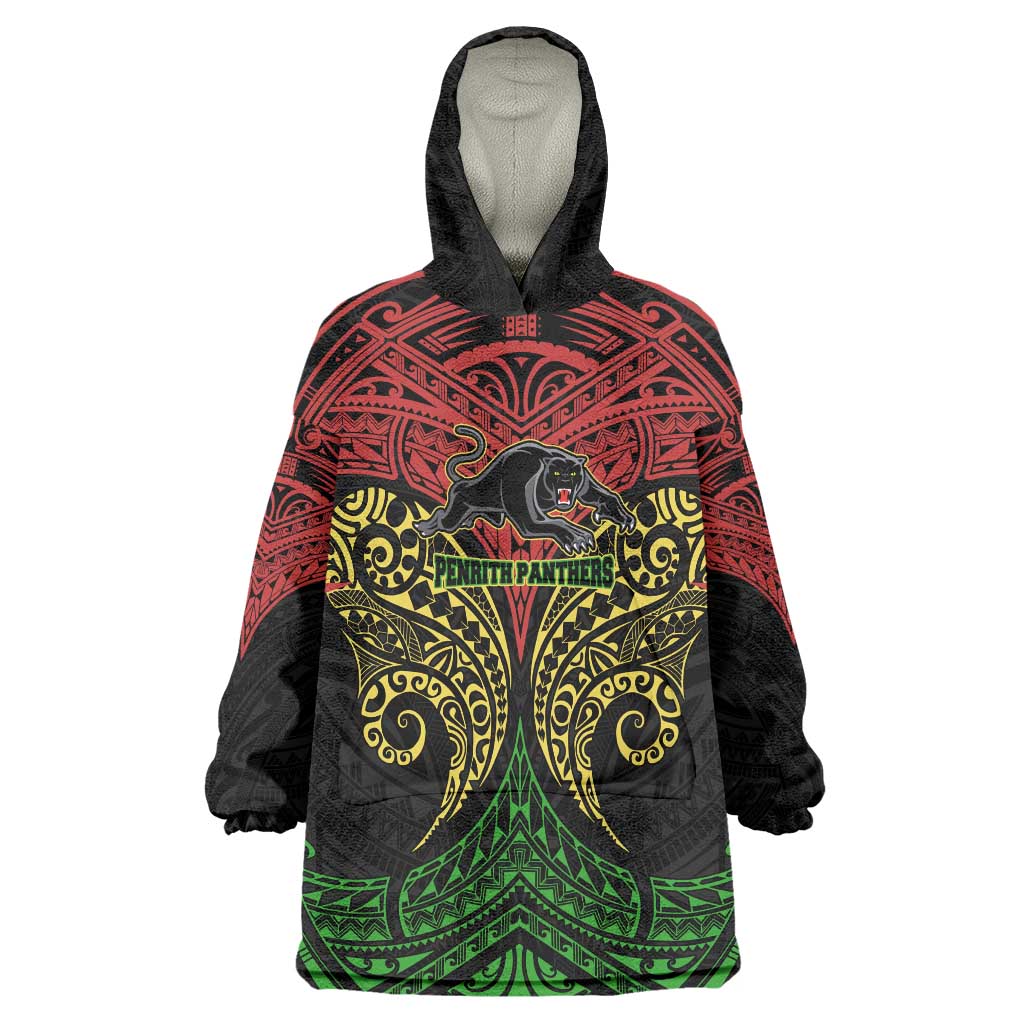 Personalized Penrith Panthers Wearable Blanket Hoodie Polynesian Tribal Pattern Style