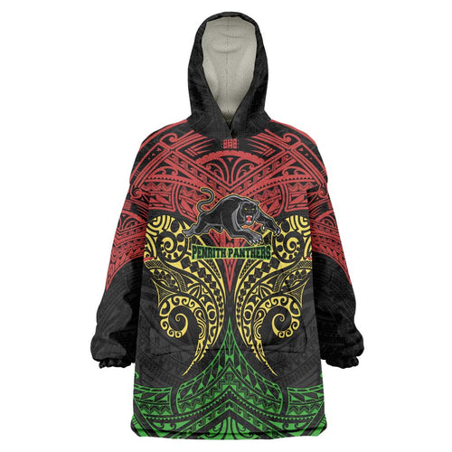 Personalized Penrith Panthers Wearable Blanket Hoodie Polynesian Tribal Pattern Style