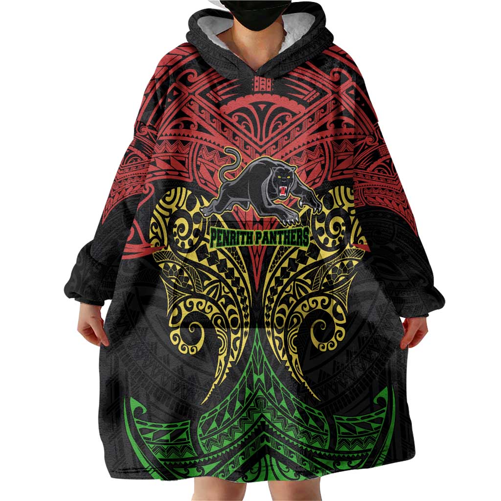 Personalized Penrith Panthers Wearable Blanket Hoodie Polynesian Tribal Pattern Style