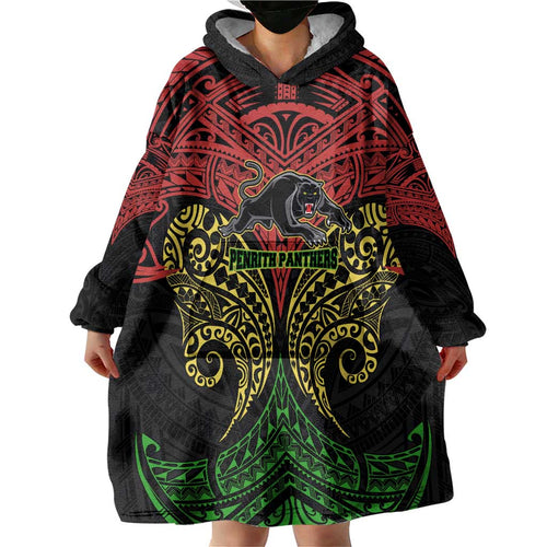 Personalized Penrith Panthers Wearable Blanket Hoodie Polynesian Tribal Pattern Style