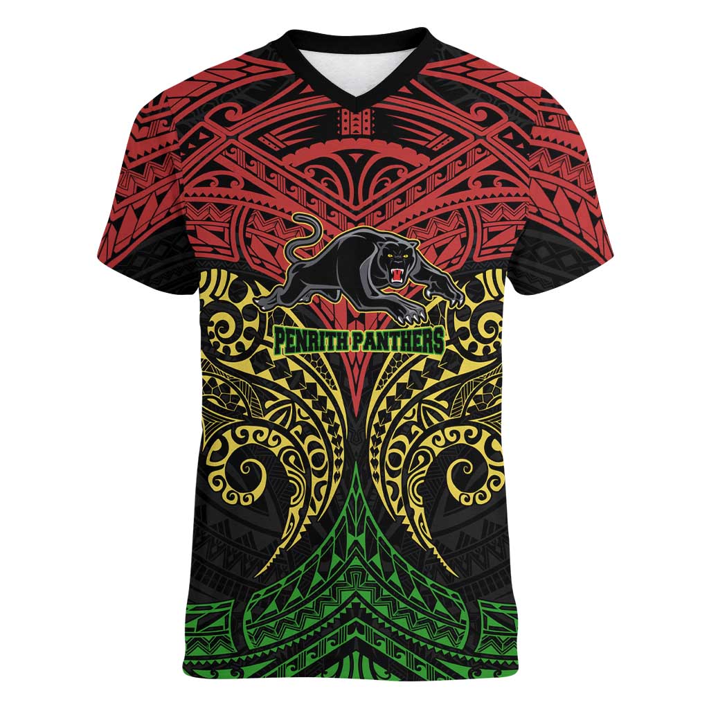 Personalized Penrith Panthers Women V-Neck T-Shirt Polynesian Tribal Pattern Style