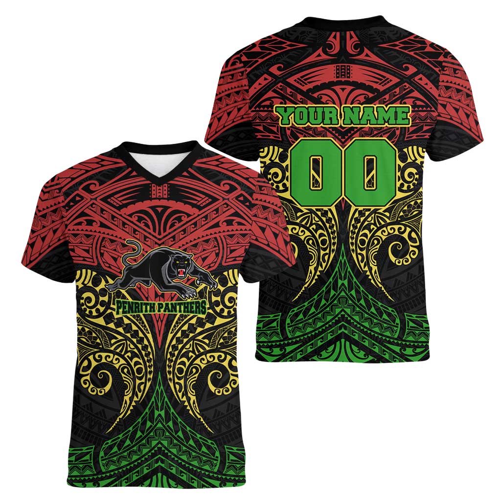 Personalized Penrith Panthers Women V-Neck T-Shirt Polynesian Tribal Pattern Style