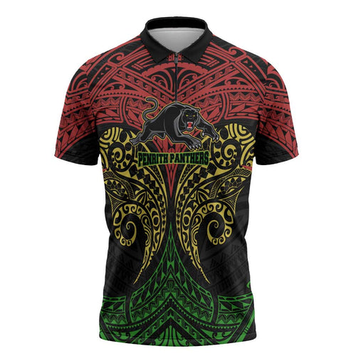 Personalized Penrith Panthers Zipper Polo Shirt Polynesian Tribal Pattern Style
