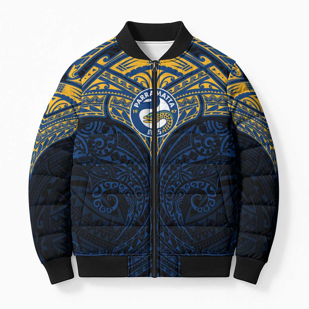 Personalized Parramatta Eels Bomber Puffer Jacket Polynesian Tribal Pattern Style