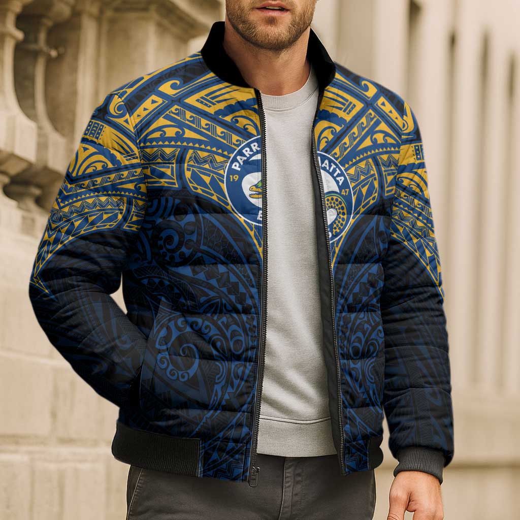Personalized Parramatta Eels Bomber Puffer Jacket Polynesian Tribal Pattern Style