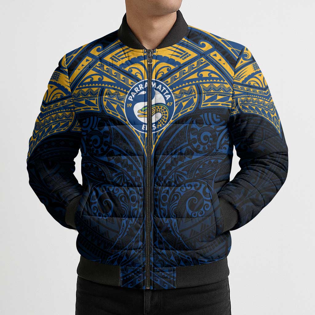 Personalized Parramatta Eels Bomber Puffer Jacket Polynesian Tribal Pattern Style