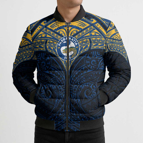 Personalized Parramatta Eels Bomber Puffer Jacket Polynesian Tribal Pattern Style