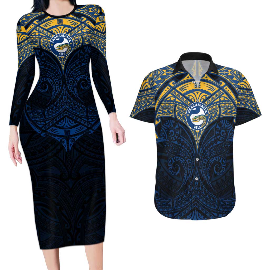 Personalized Parramatta Eels Couples Matching Long Sleeve Bodycon Dress and Hawaiian Shirt Polynesian Tribal Pattern Style