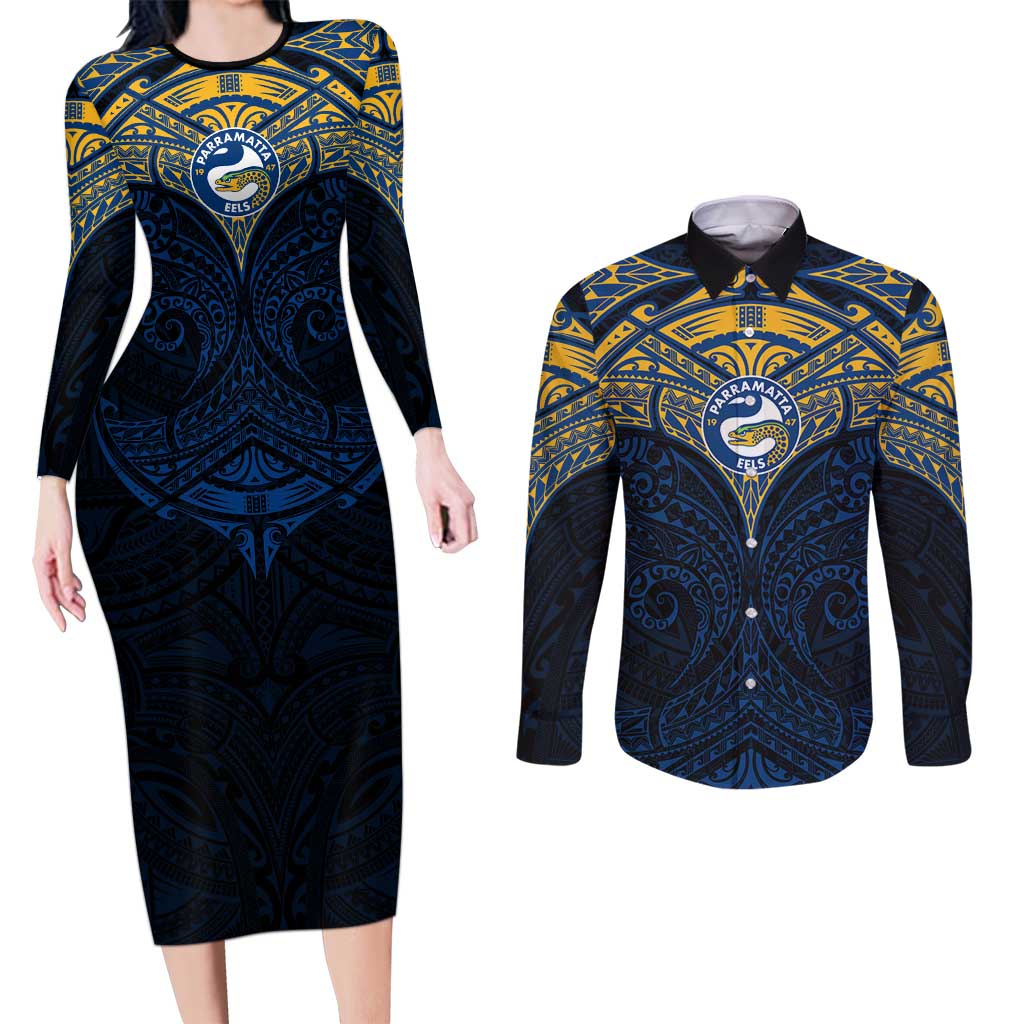 Personalized Parramatta Eels Couples Matching Long Sleeve Bodycon Dress and Long Sleeve Button Shirt Polynesian Tribal Pattern Style