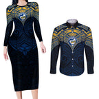 Personalized Parramatta Eels Couples Matching Long Sleeve Bodycon Dress and Long Sleeve Button Shirt Polynesian Tribal Pattern Style