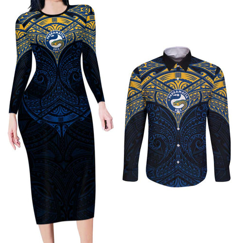 Personalized Parramatta Eels Couples Matching Long Sleeve Bodycon Dress and Long Sleeve Button Shirt Polynesian Tribal Pattern Style