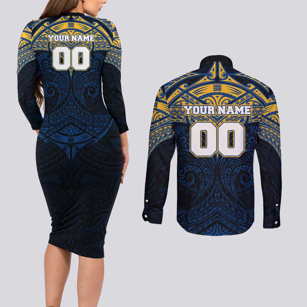 Personalized Parramatta Eels Couples Matching Long Sleeve Bodycon Dress and Long Sleeve Button Shirt Polynesian Tribal Pattern Style