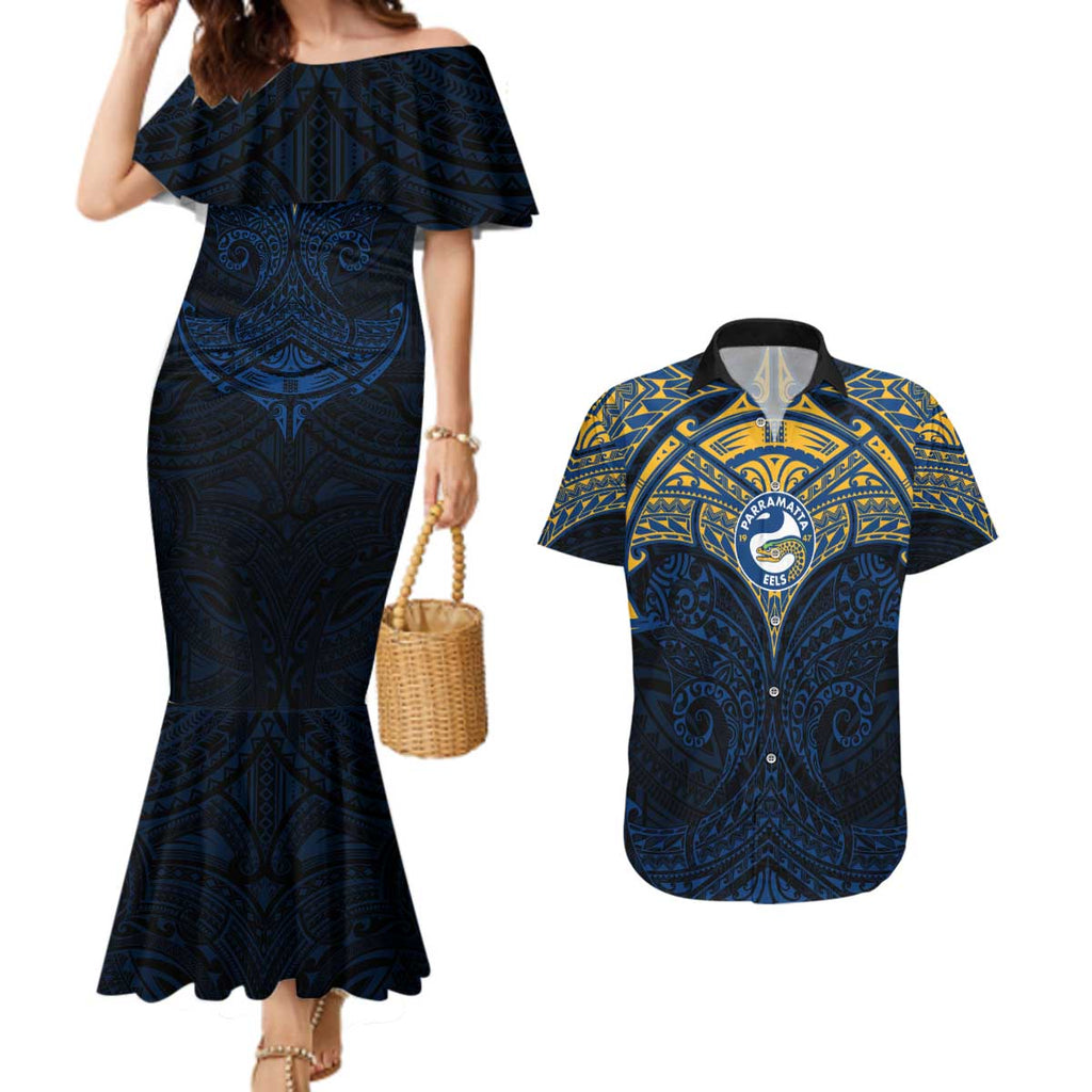 Personalized Parramatta Eels Couples Matching Mermaid Dress and Hawaiian Shirt Polynesian Tribal Pattern Style