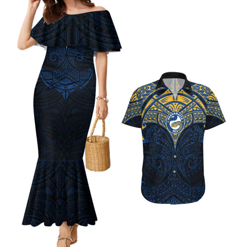 Personalized Parramatta Eels Couples Matching Mermaid Dress and Hawaiian Shirt Polynesian Tribal Pattern Style