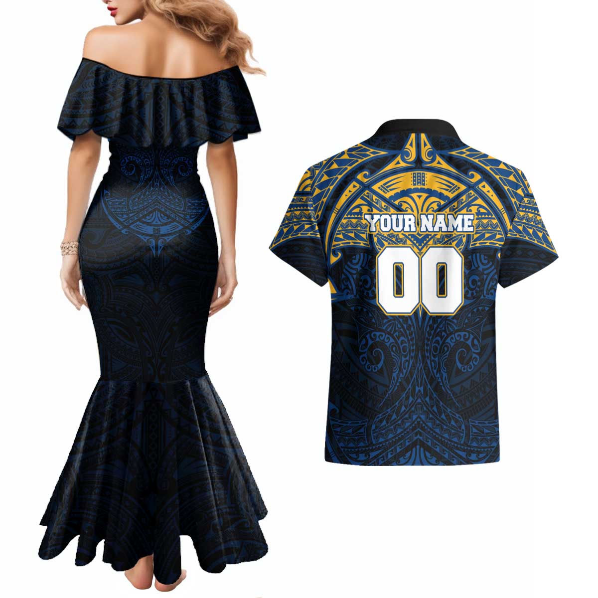 Personalized Parramatta Eels Couples Matching Mermaid Dress and Hawaiian Shirt Polynesian Tribal Pattern Style