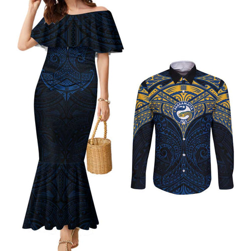 Personalized Parramatta Eels Couples Matching Mermaid Dress and Long Sleeve Button Shirt Polynesian Tribal Pattern Style