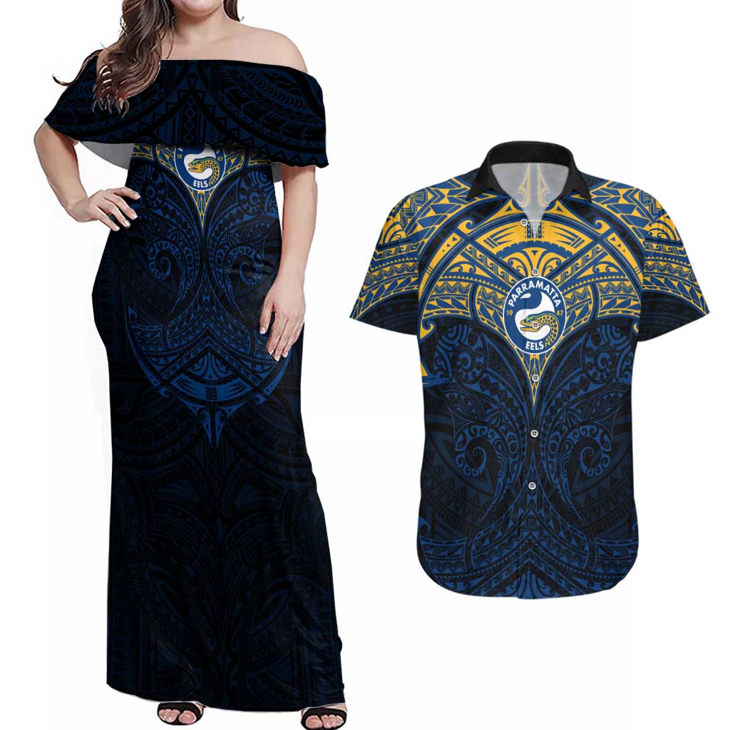 Personalized Parramatta Eels Couples Matching Off Shoulder Maxi Dress and Hawaiian Shirt Polynesian Tribal Pattern Style