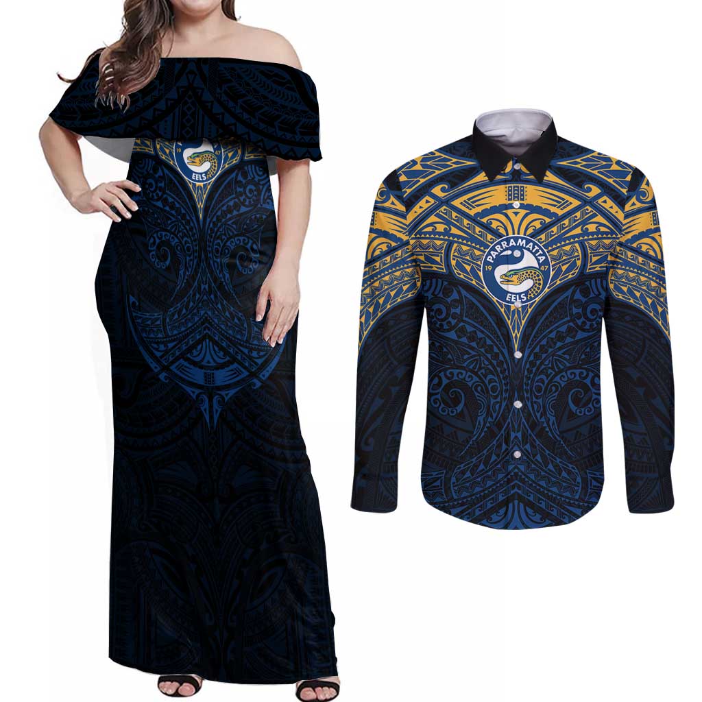 Personalized Parramatta Eels Couples Matching Off Shoulder Maxi Dress and Long Sleeve Button Shirt Polynesian Tribal Pattern Style