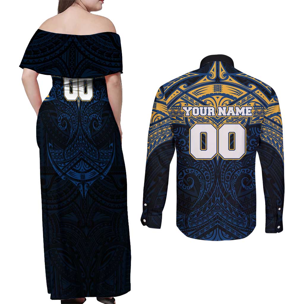 Personalized Parramatta Eels Couples Matching Off Shoulder Maxi Dress and Long Sleeve Button Shirt Polynesian Tribal Pattern Style