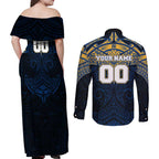 Personalized Parramatta Eels Couples Matching Off Shoulder Maxi Dress and Long Sleeve Button Shirt Polynesian Tribal Pattern Style