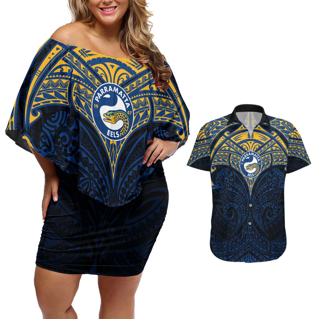 Personalized Parramatta Eels Couples Matching Off Shoulder Short Dress and Hawaiian Shirt Polynesian Tribal Pattern Style