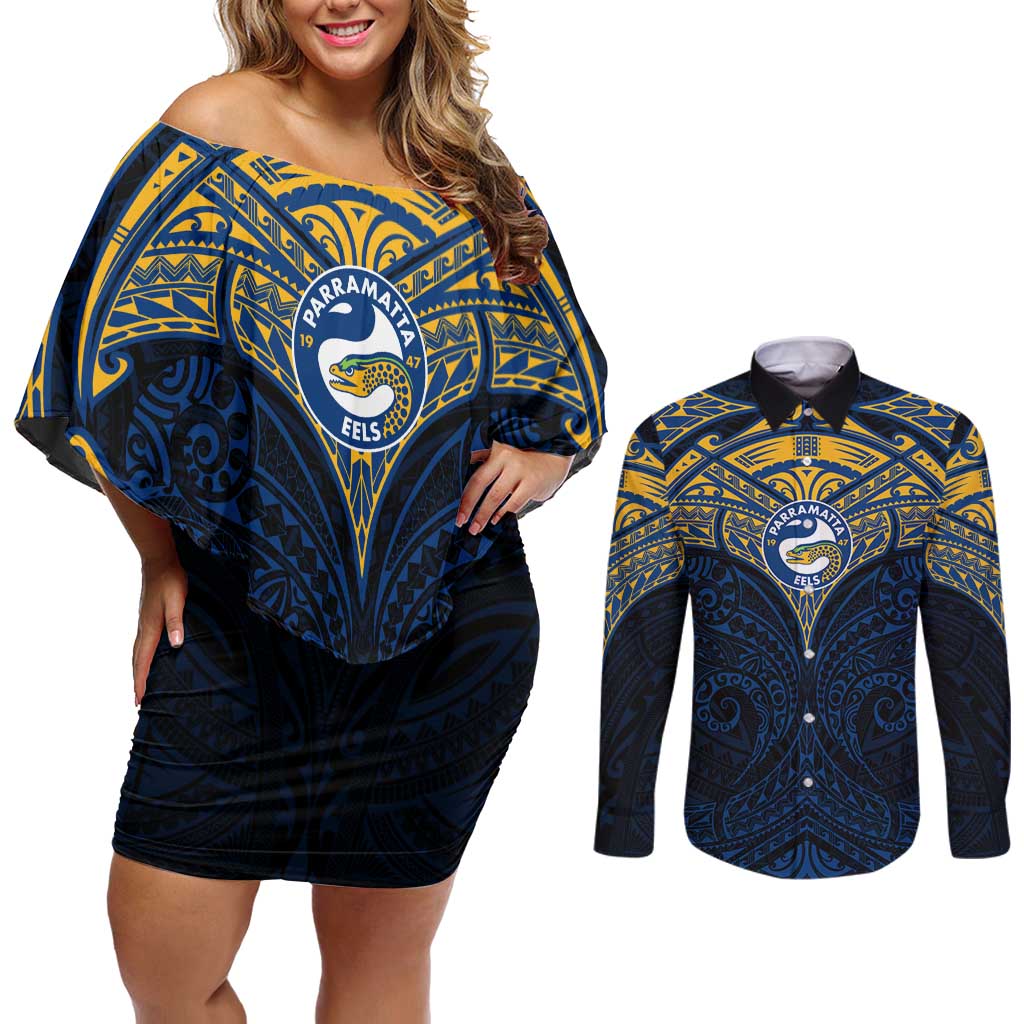 Personalized Parramatta Eels Couples Matching Off Shoulder Short Dress and Long Sleeve Button Shirt Polynesian Tribal Pattern Style