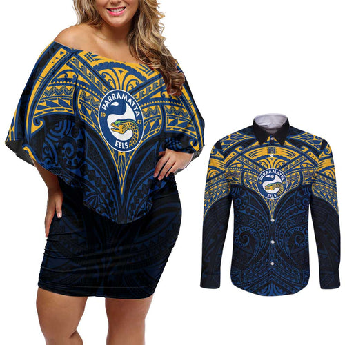 Personalized Parramatta Eels Couples Matching Off Shoulder Short Dress and Long Sleeve Button Shirt Polynesian Tribal Pattern Style