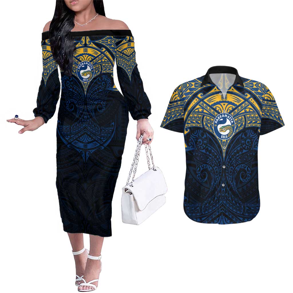 Personalized Parramatta Eels Couples Matching Off The Shoulder Long Sleeve Dress and Hawaiian Shirt Polynesian Tribal Pattern Style