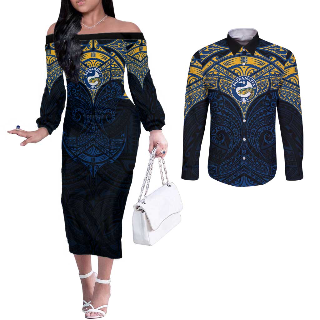 Personalized Parramatta Eels Couples Matching Off The Shoulder Long Sleeve Dress and Long Sleeve Button Shirt Polynesian Tribal Pattern Style