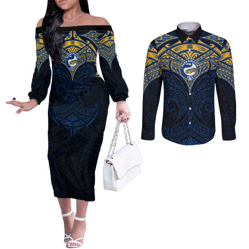Personalized Parramatta Eels Couples Matching Off The Shoulder Long Sleeve Dress and Long Sleeve Button Shirt Polynesian Tribal Pattern Style