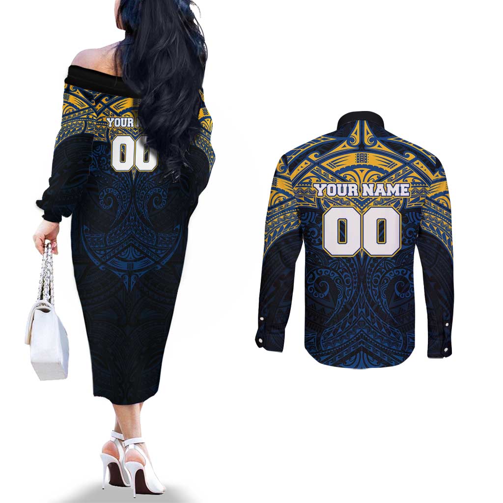 Personalized Parramatta Eels Couples Matching Off The Shoulder Long Sleeve Dress and Long Sleeve Button Shirt Polynesian Tribal Pattern Style