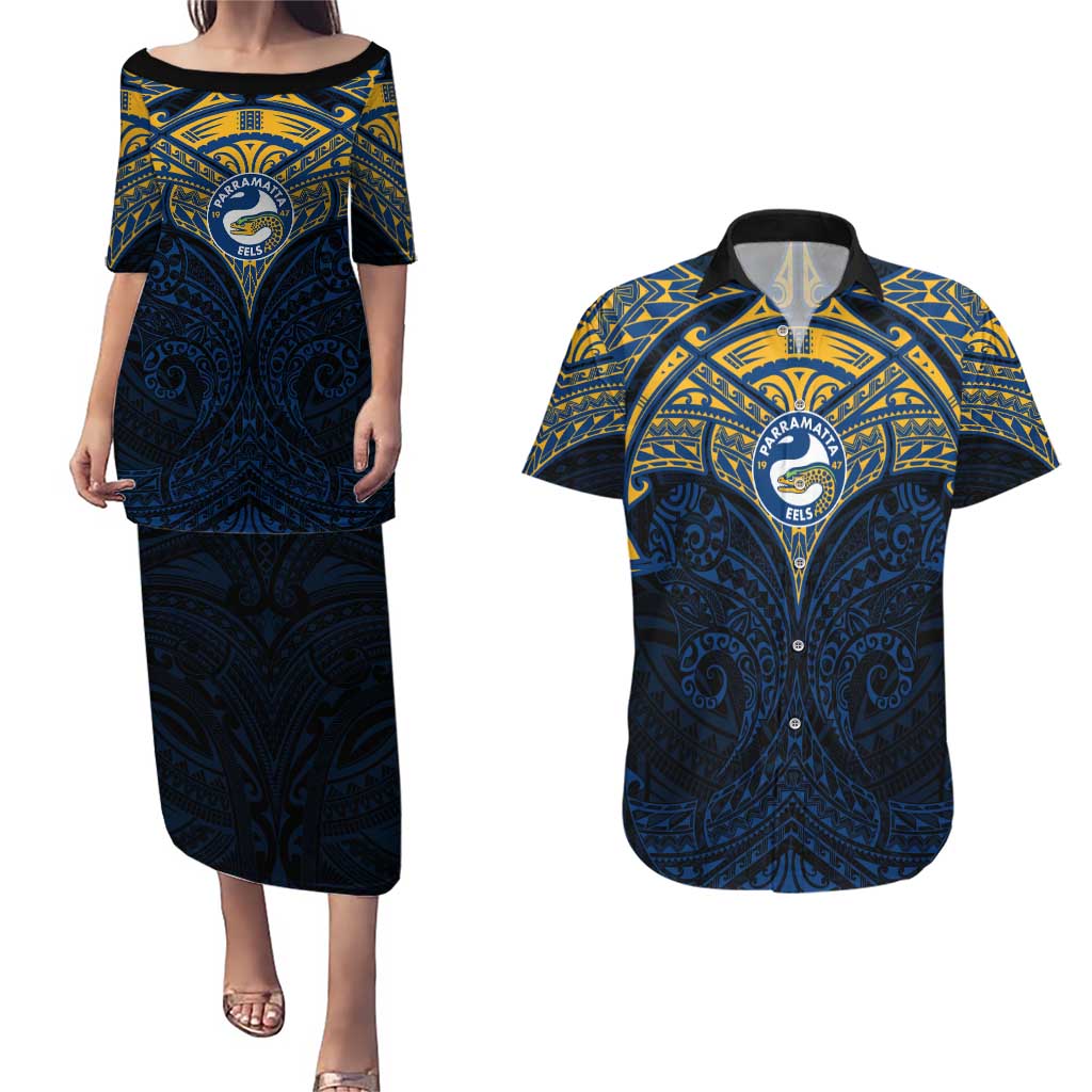 Personalized Parramatta Eels Couples Matching Puletasi and Hawaiian Shirt Polynesian Tribal Pattern Style