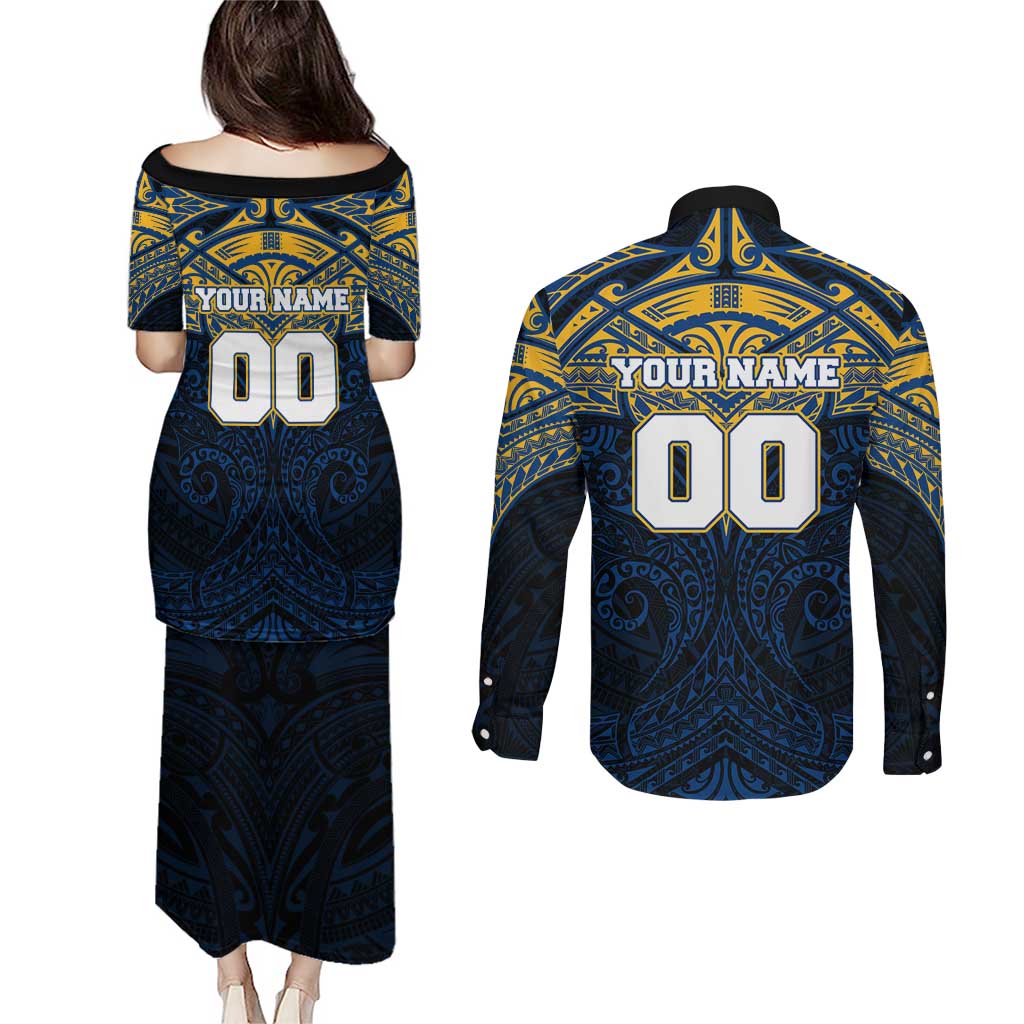 Personalized Parramatta Eels Couples Matching Puletasi and Long Sleeve Button Shirt Polynesian Tribal Pattern Style
