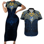 Personalized Parramatta Eels Couples Matching Short Sleeve Bodycon Dress and Hawaiian Shirt Polynesian Tribal Pattern Style