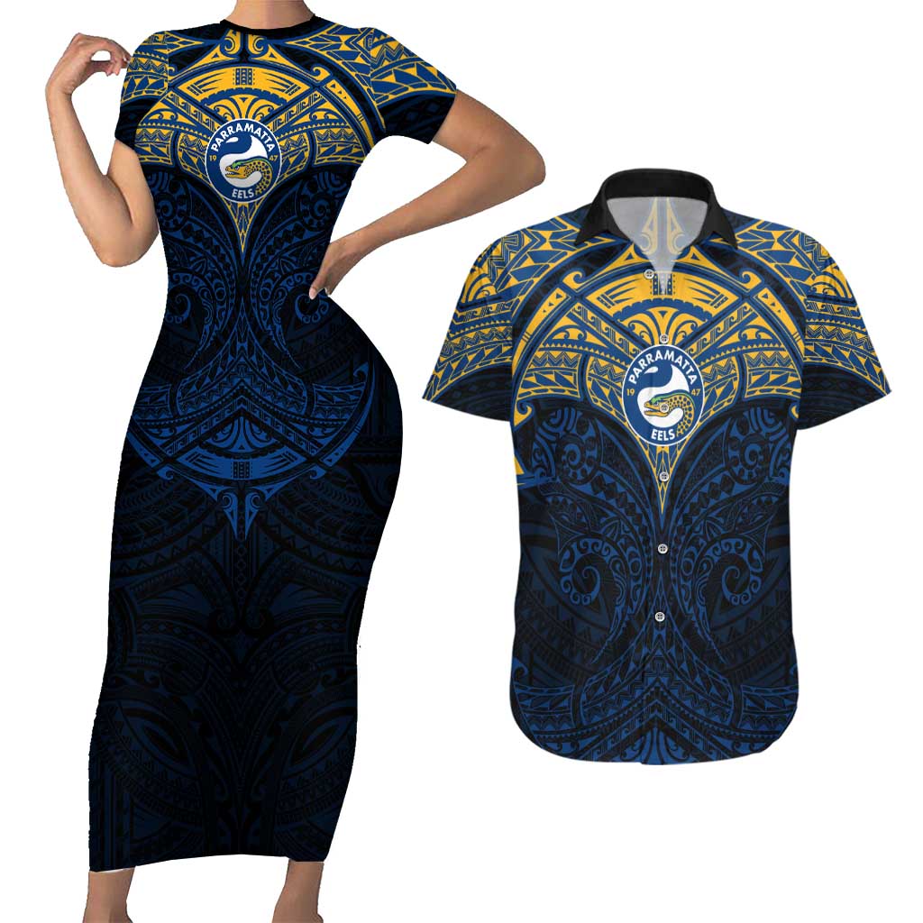 Personalized Parramatta Eels Couples Matching Short Sleeve Bodycon Dress and Hawaiian Shirt Polynesian Tribal Pattern Style
