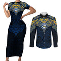Personalized Parramatta Eels Couples Matching Short Sleeve Bodycon Dress and Long Sleeve Button Shirt Polynesian Tribal Pattern Style