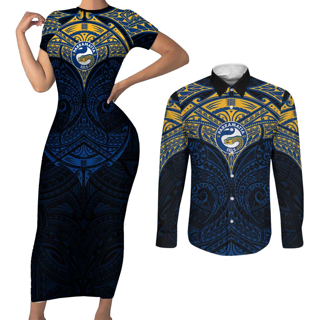 Personalized Parramatta Eels Couples Matching Short Sleeve Bodycon Dress and Long Sleeve Button Shirt Polynesian Tribal Pattern Style